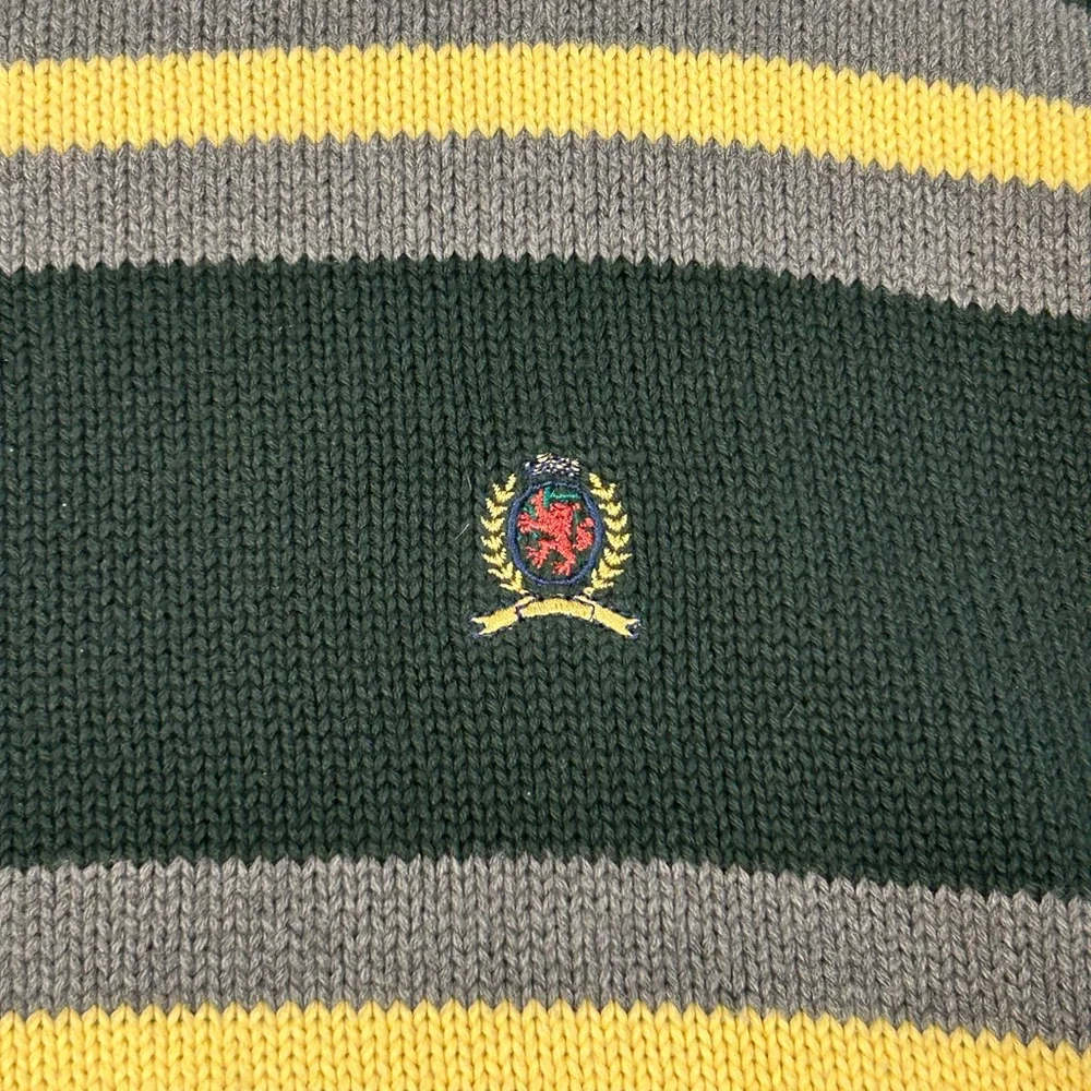 Tommy Hilfiger Vintage 90s Style Green and Yellow Striped Cotton Crew‎ Sweater L